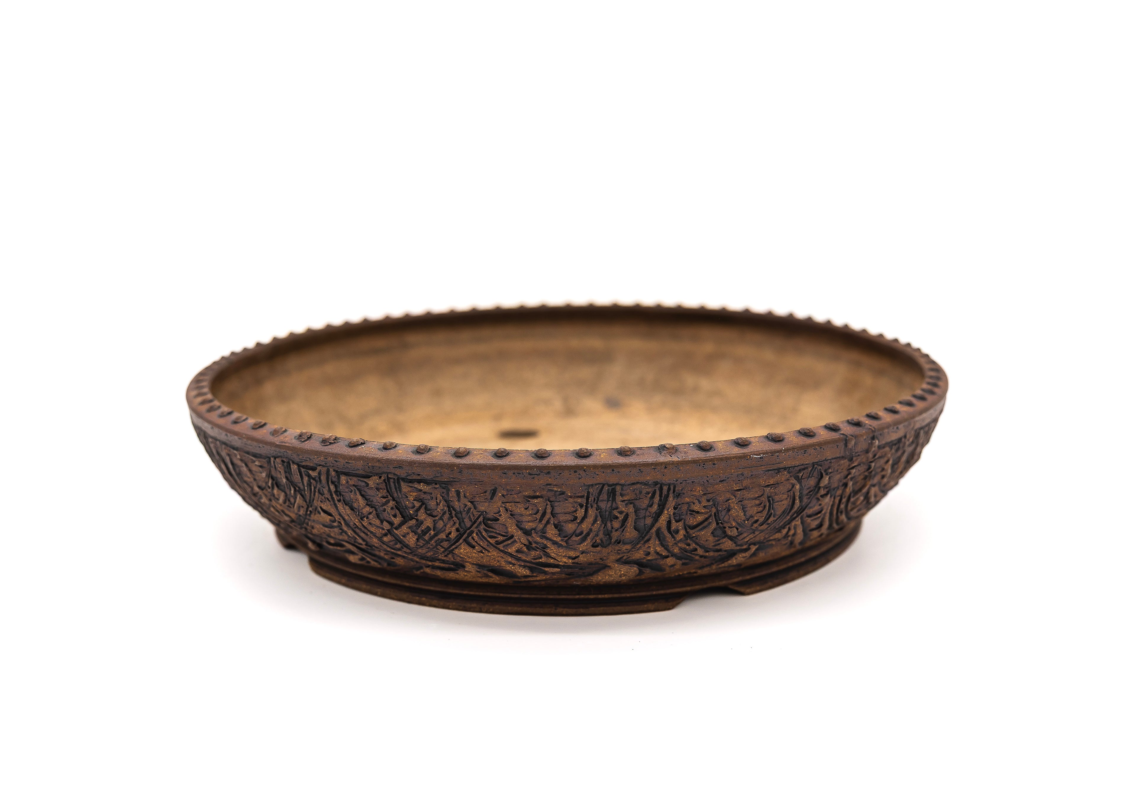 Large Round Unglazed Sara Rayner Bonsai Pot – USA Nail Signature, Rare Sharp Lines