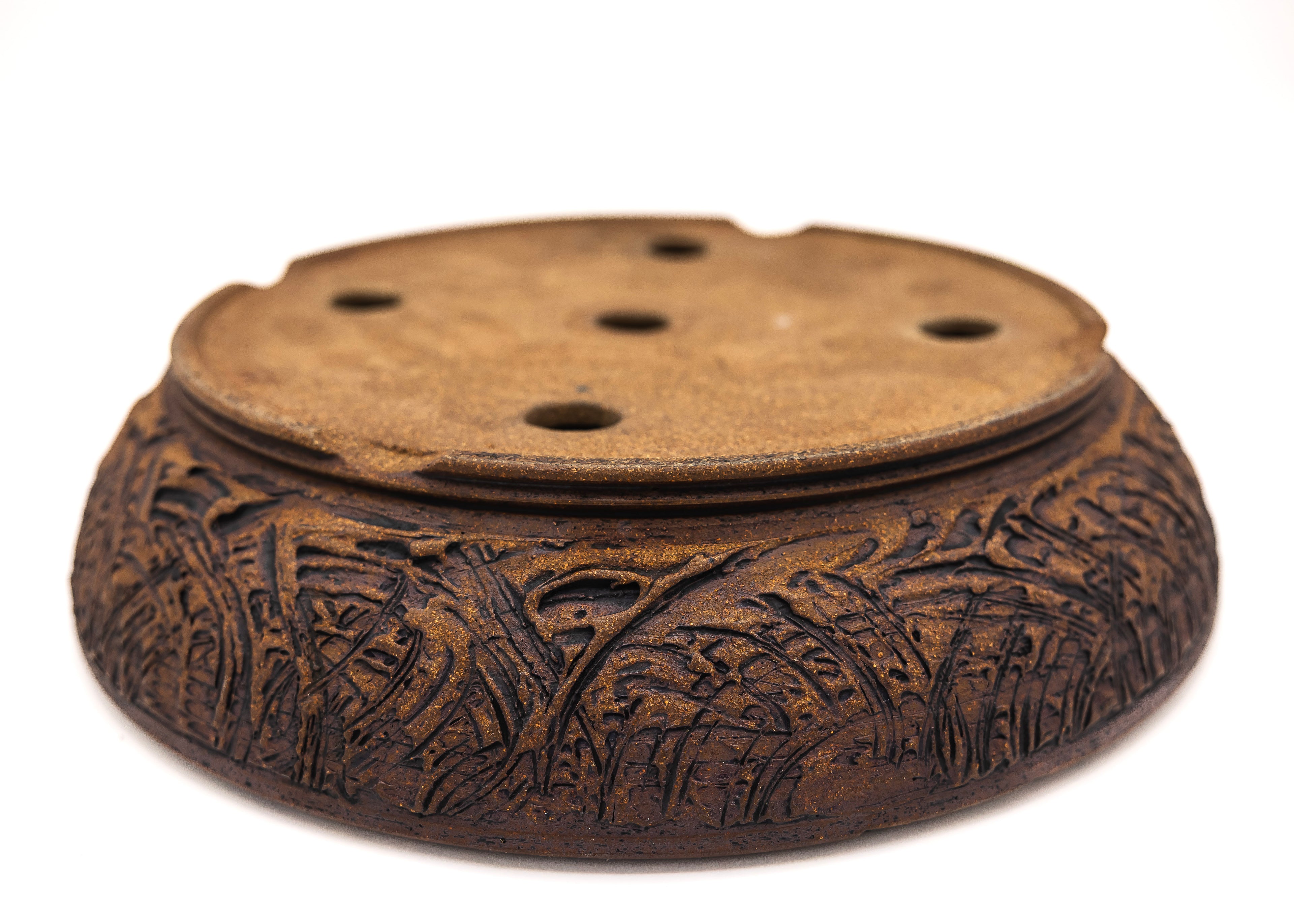 Large Round Unglazed Sara Rayner Bonsai Pot – USA Nail Signature, Rare Sharp Lines