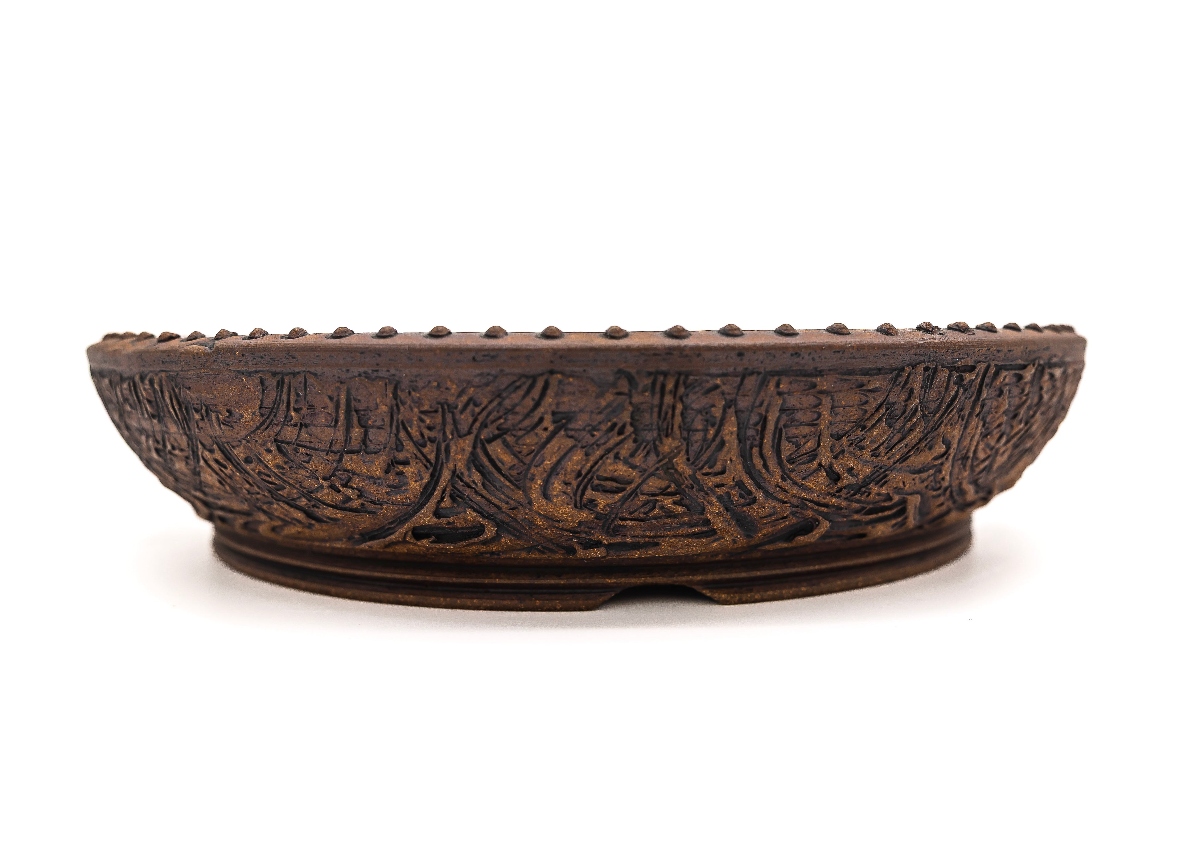 Large Round Unglazed Sara Rayner Bonsai Pot – USA Nail Signature, Rare Sharp Lines