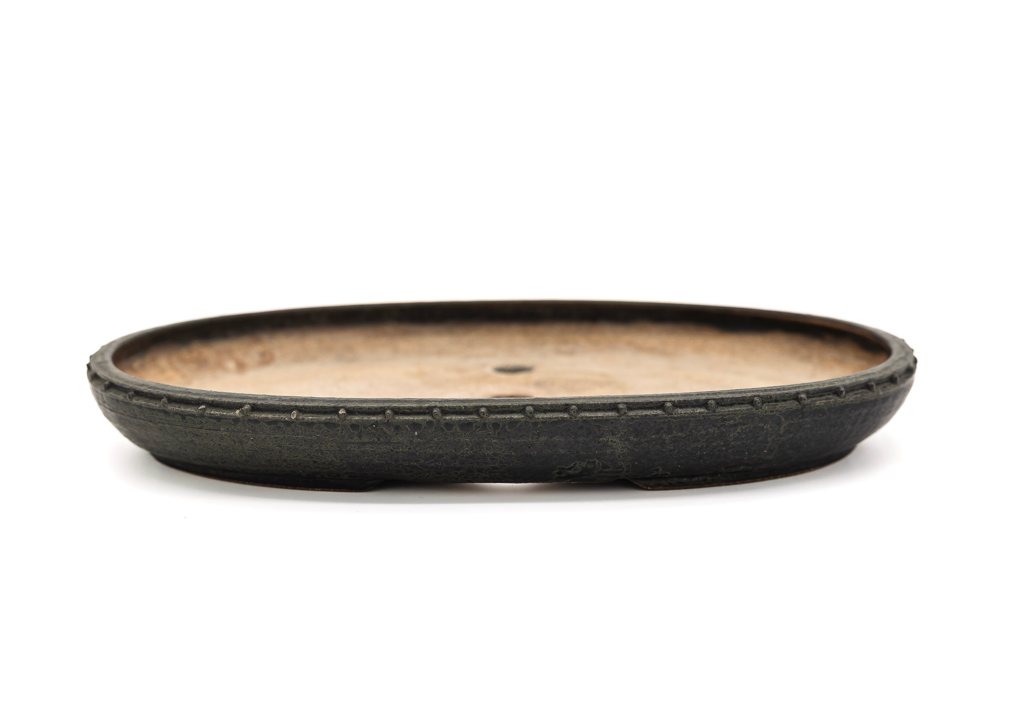 Medium Oval Grey Glazed Sara Rayner Bonsai Pot – Vintage Nail Head Signature USA