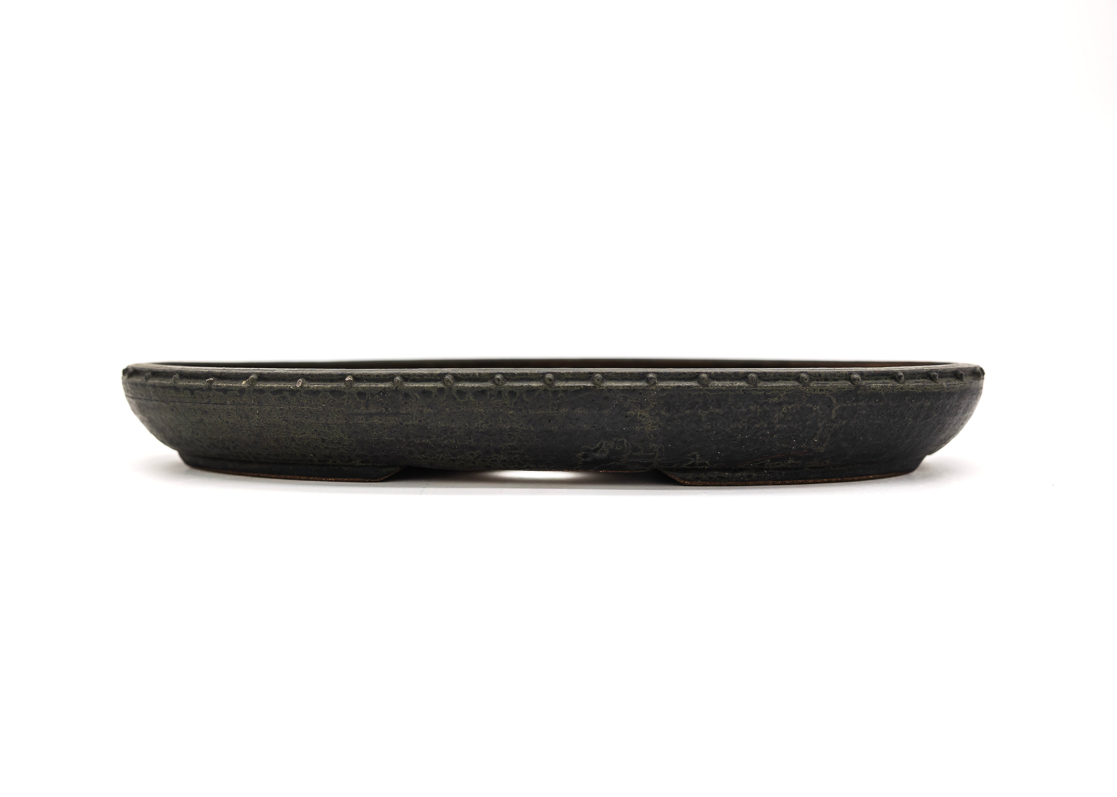Medium Oval Grey Glazed Sara Rayner Bonsai Pot – Vintage Nail Head Signature USA