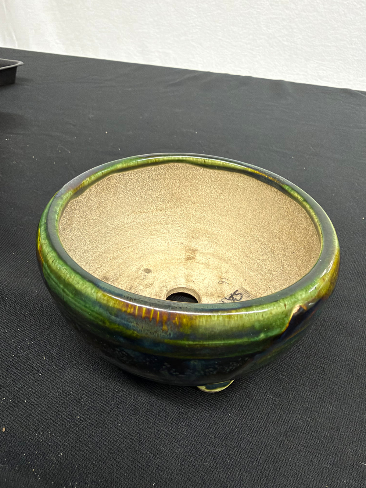 4.5x2.75 Inch Satomi Round Bonsai Pot – Green & Blue Drip Glaze, Cloud Feet