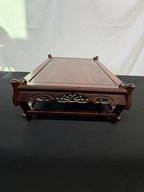 Shokaku Carved Rosewood Display Table, Scroll Corners, Gold Mark, Original Box