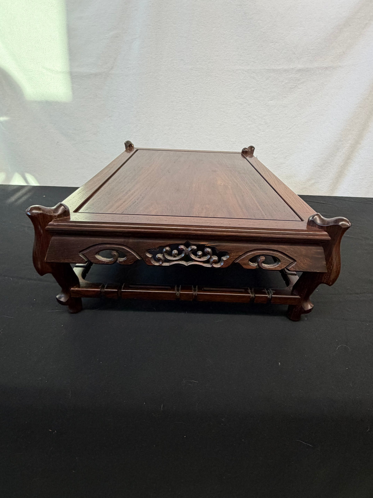 Shokaku Carved Rosewood Display Table, Scroll Corners, Gold Mark, Original Box
