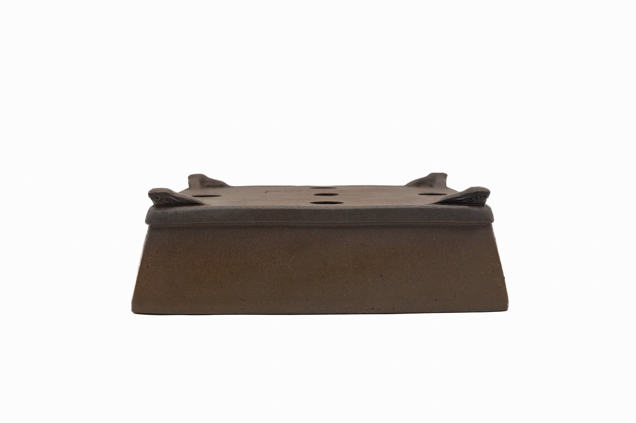 Large Rectangle Glazed Japanese Bonsai Pot by Gyouzan – Nail Signed, Cloud Feet, Inverted Flat Rim, Bottom Border