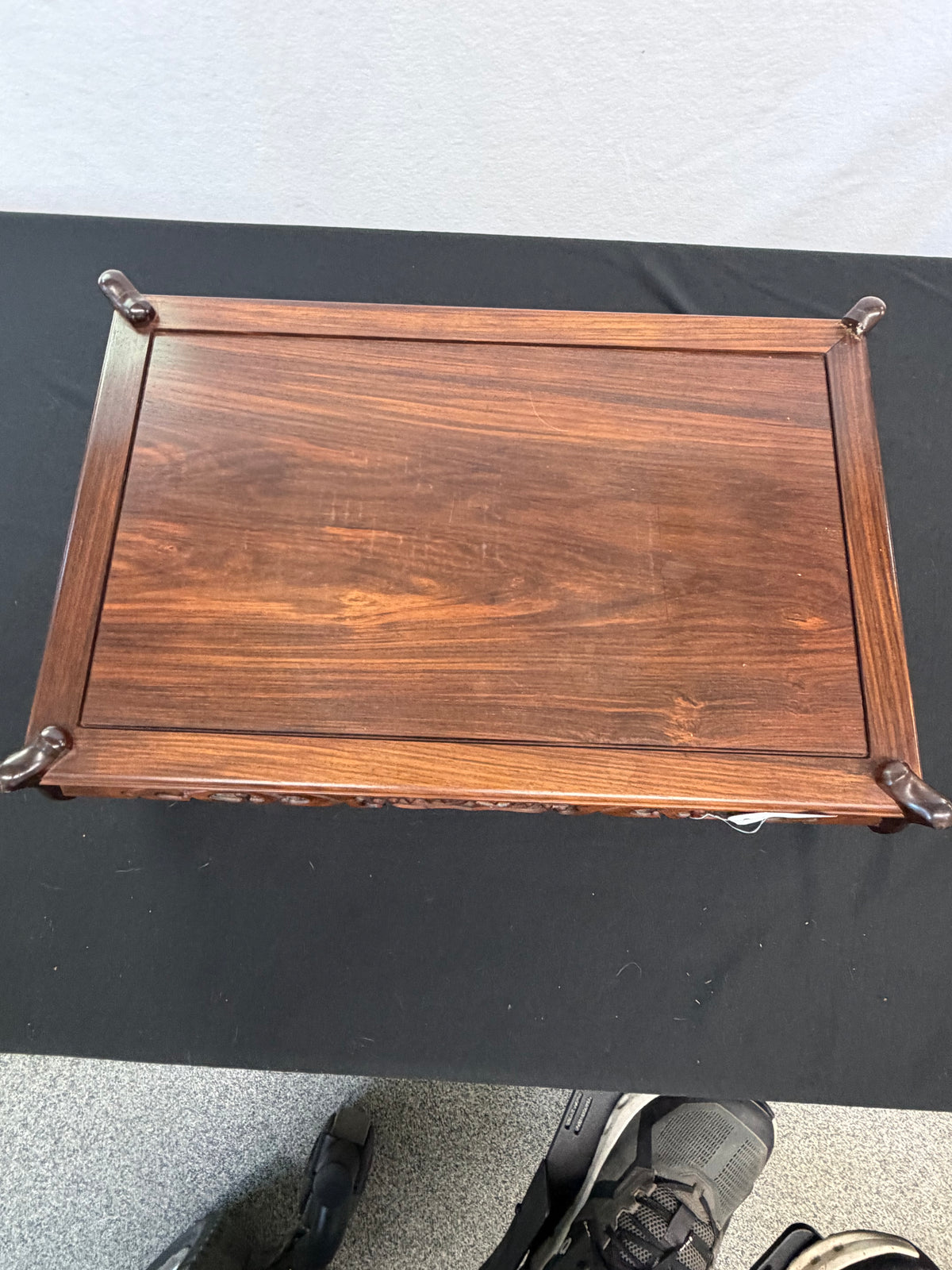 Shokaku Carved Rosewood Display Table, Scroll Corners, Gold Mark, Original Box