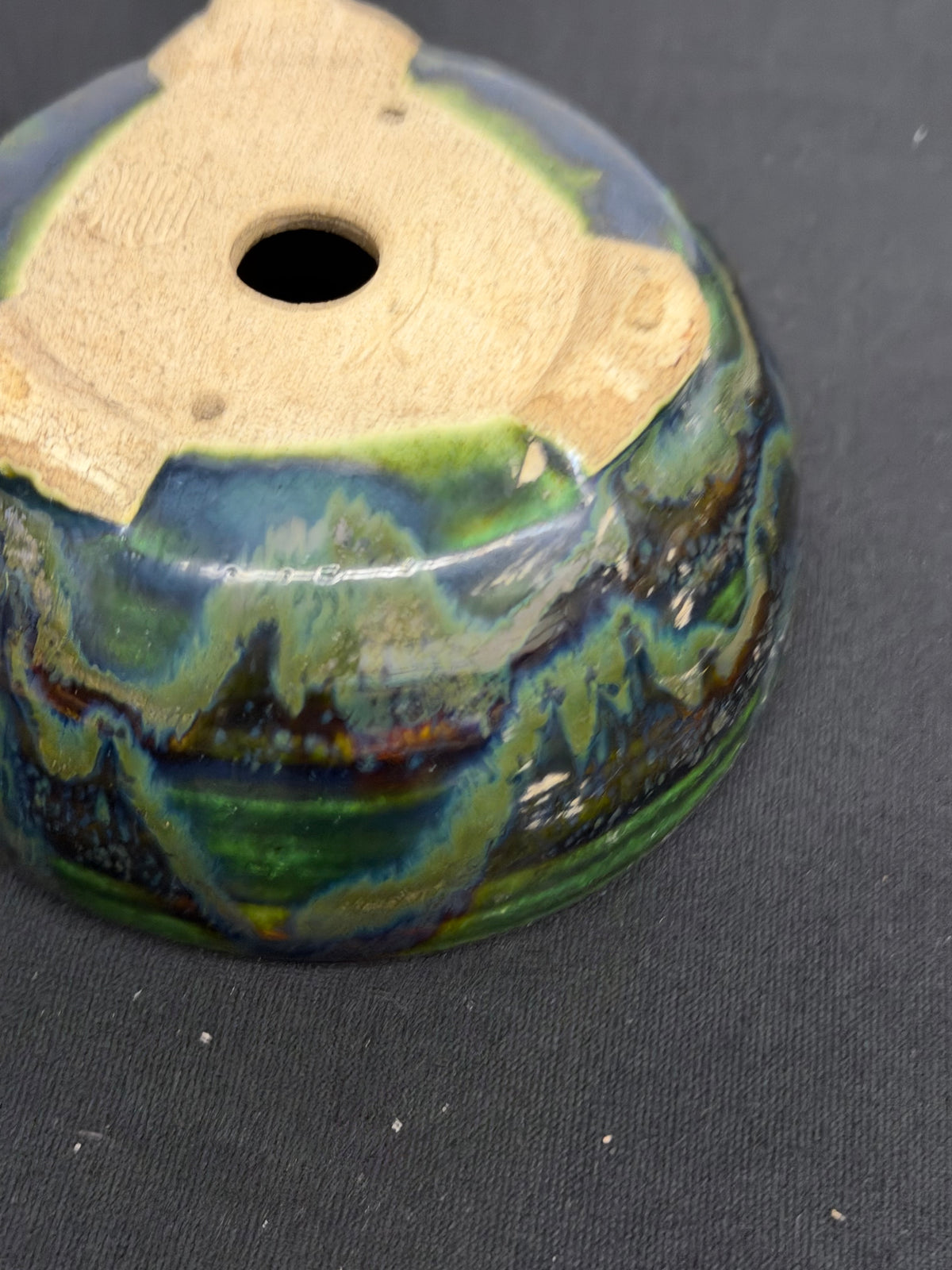 4.5x2.75 Inch Satomi Round Bonsai Pot – Green & Blue Drip Glaze, Cloud Feet