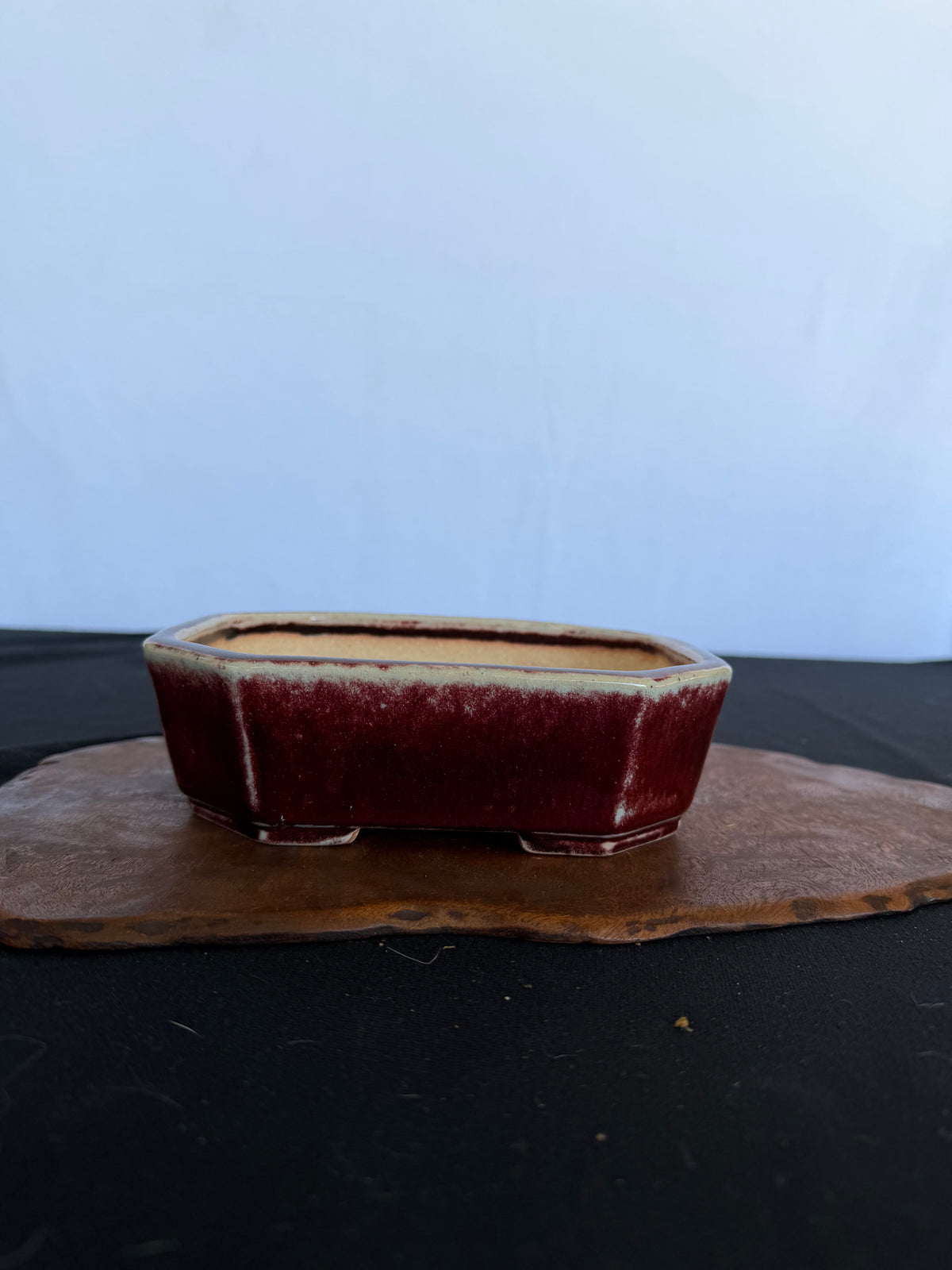 7x5x2 Inch Koyo Octagonal Bonsai Pot #642 – Cinnabar Glaze, Fan Stamp