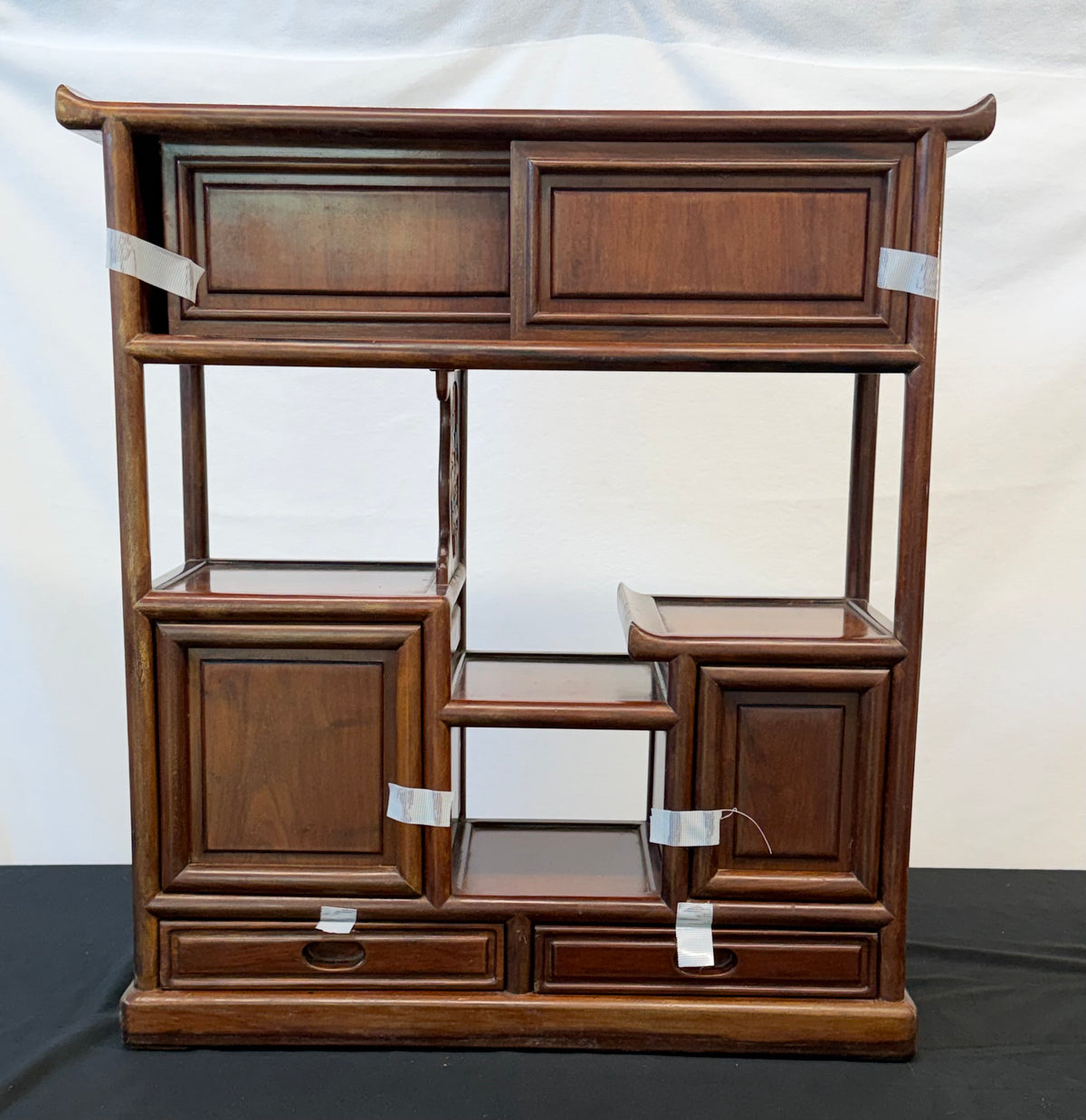 Japanese Rosewood Display Cabinet (Kazaridana), Doors, Drawers, Carved Bamboo Panel