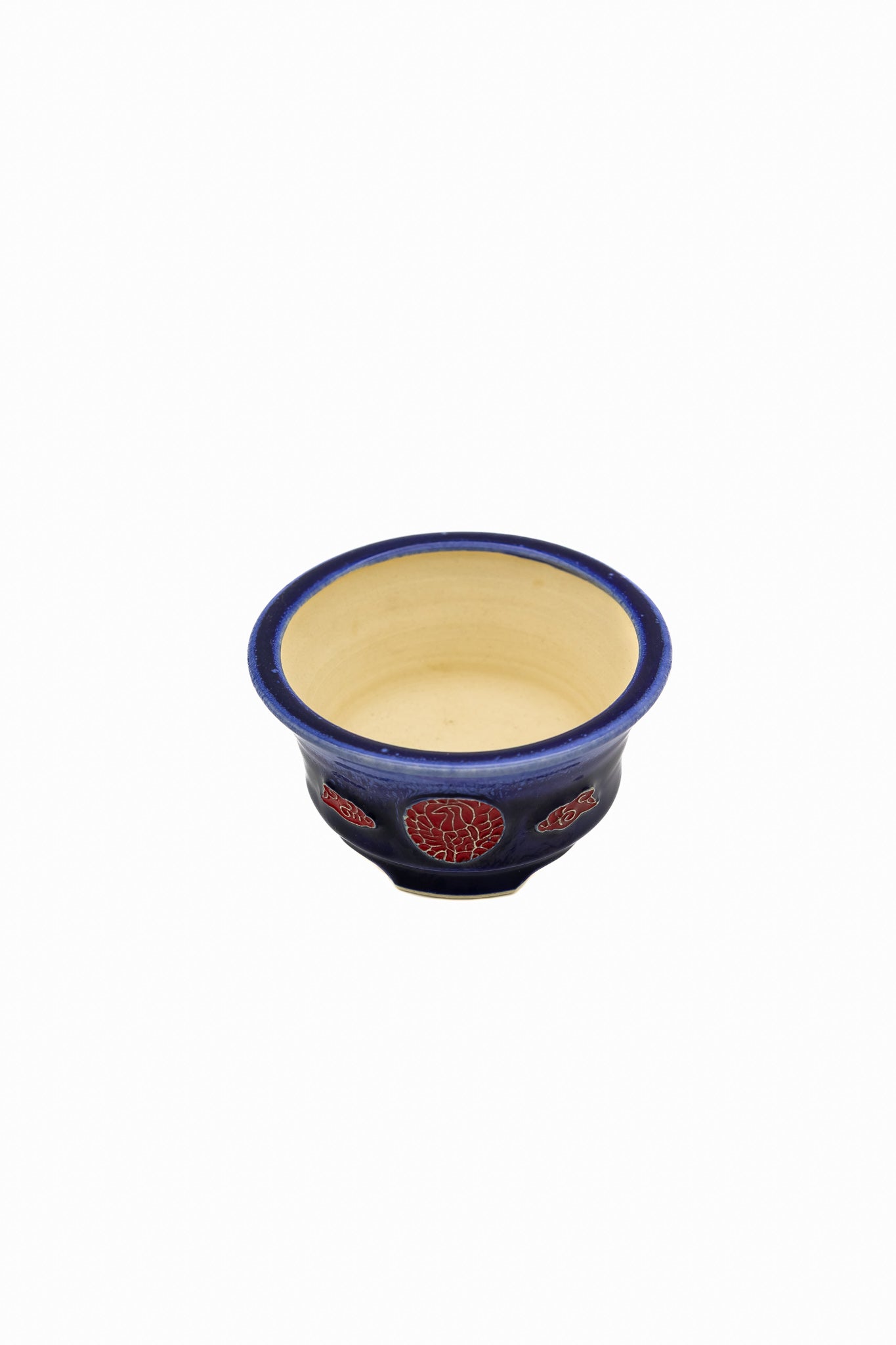 Small Round Ruri Blue Glazed Japanese Bonsai Pot – Biko Kiln, Medallion Chop, Competition Quality, Square Cut Feet