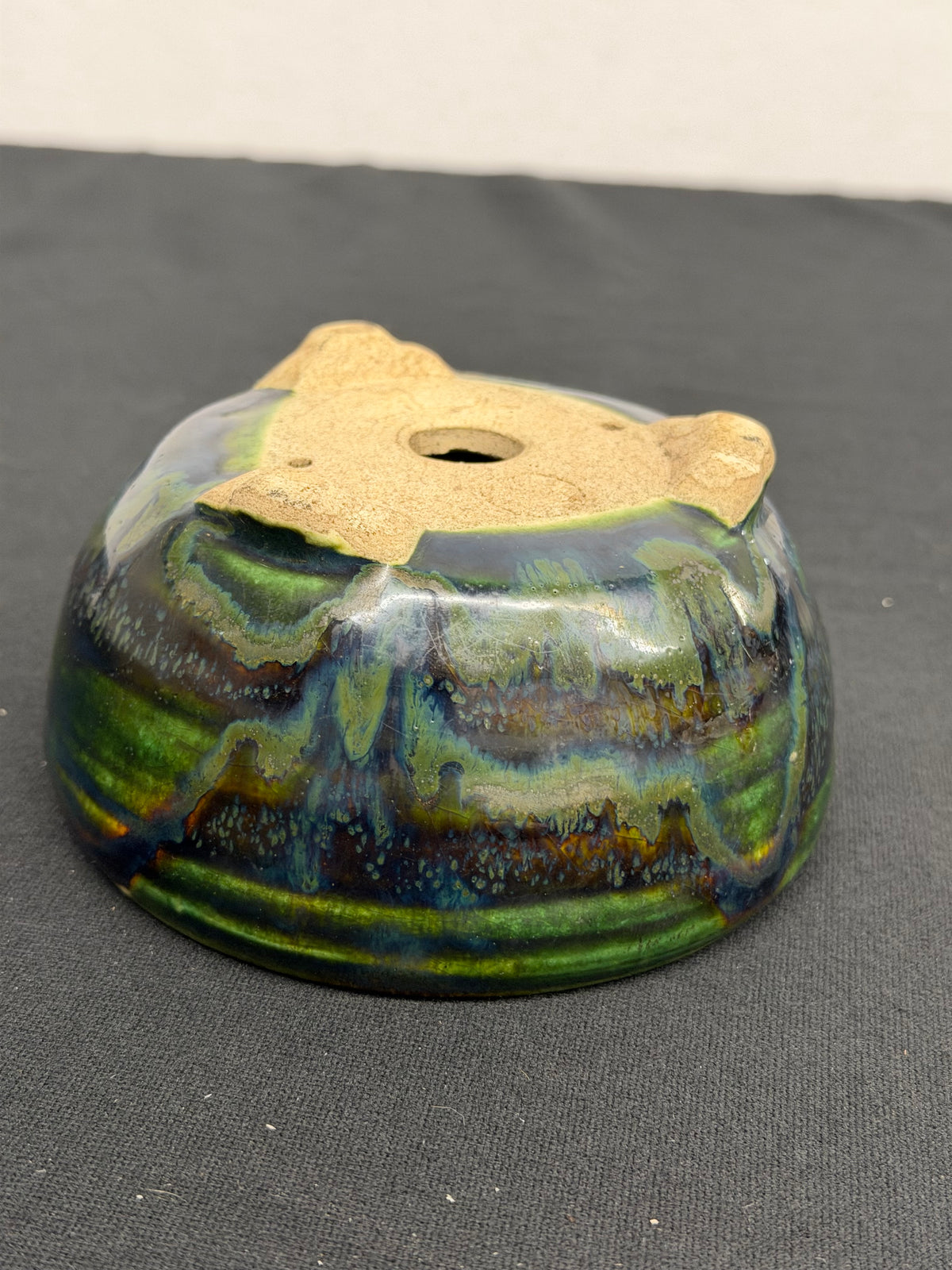 4.5x2.75 Inch Satomi Round Bonsai Pot – Green & Blue Drip Glaze, Cloud Feet