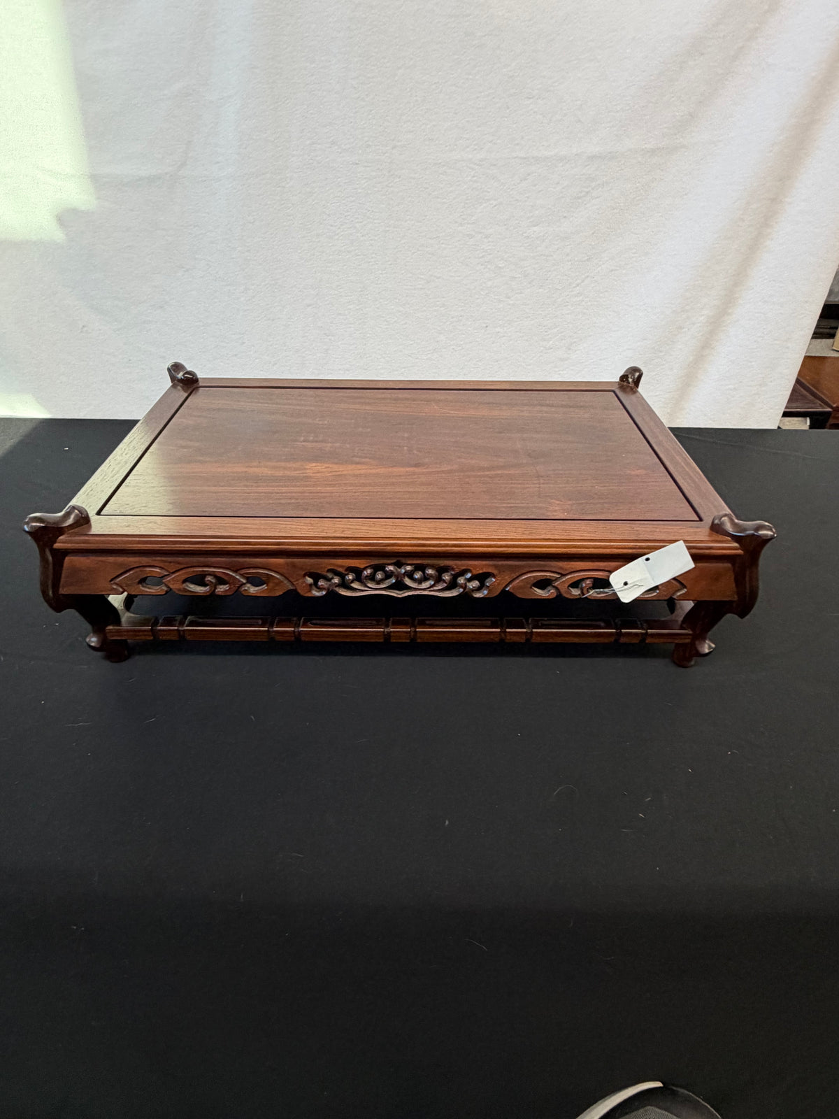 Shokaku Carved Rosewood Display Table, Scroll Corners, Gold Mark, Original Box