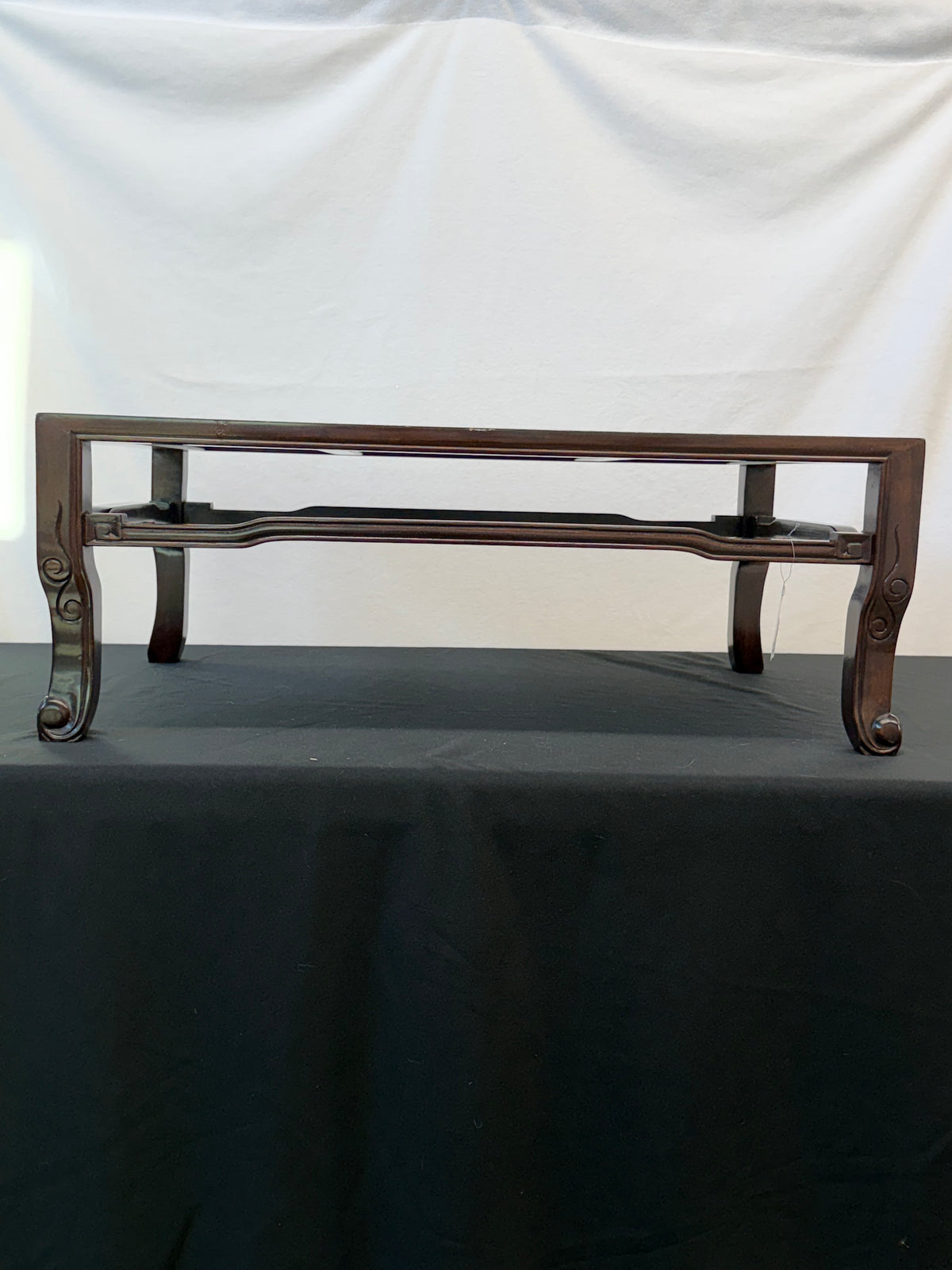 Large Japanese Hardwood Display Table, Carved Scroll Legs, 27.5" x 19"