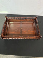 Shokaku Carved Rosewood Display Table, Scroll Corners, Gold Mark, Original Box