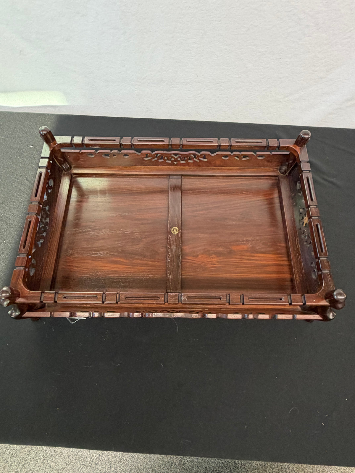 Shokaku Carved Rosewood Display Table, Scroll Corners, Gold Mark, Original Box