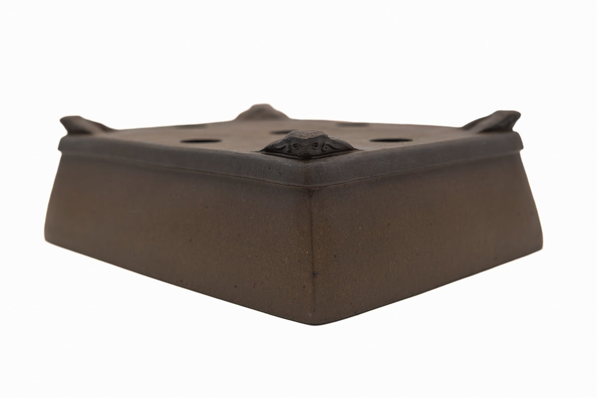 Large Rectangle Glazed Japanese Bonsai Pot by Gyouzan – Nail Signed, Cloud Feet, Inverted Flat Rim, Bottom Border