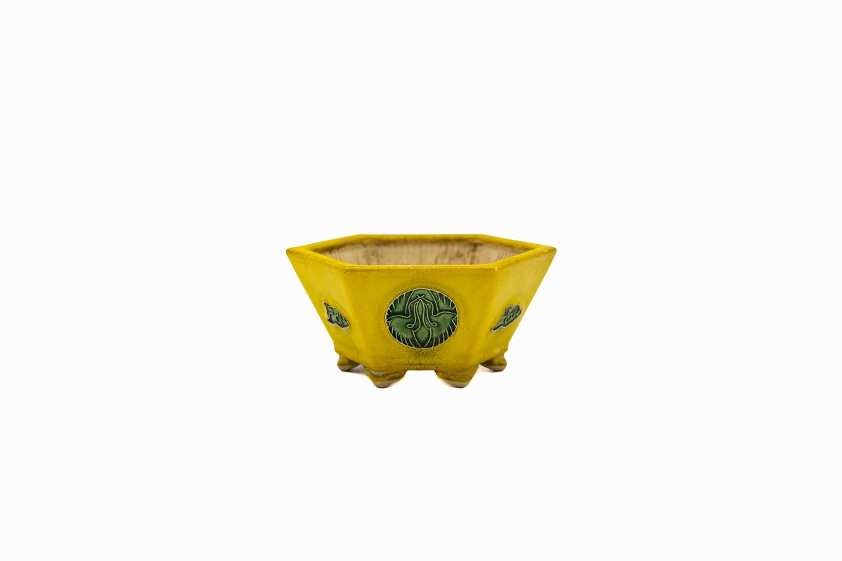 Small Hexagon Yellow Glazed Biko Kiln Japanese Bonsai Pot – Vintage Medallion, Chop and Nail Signed