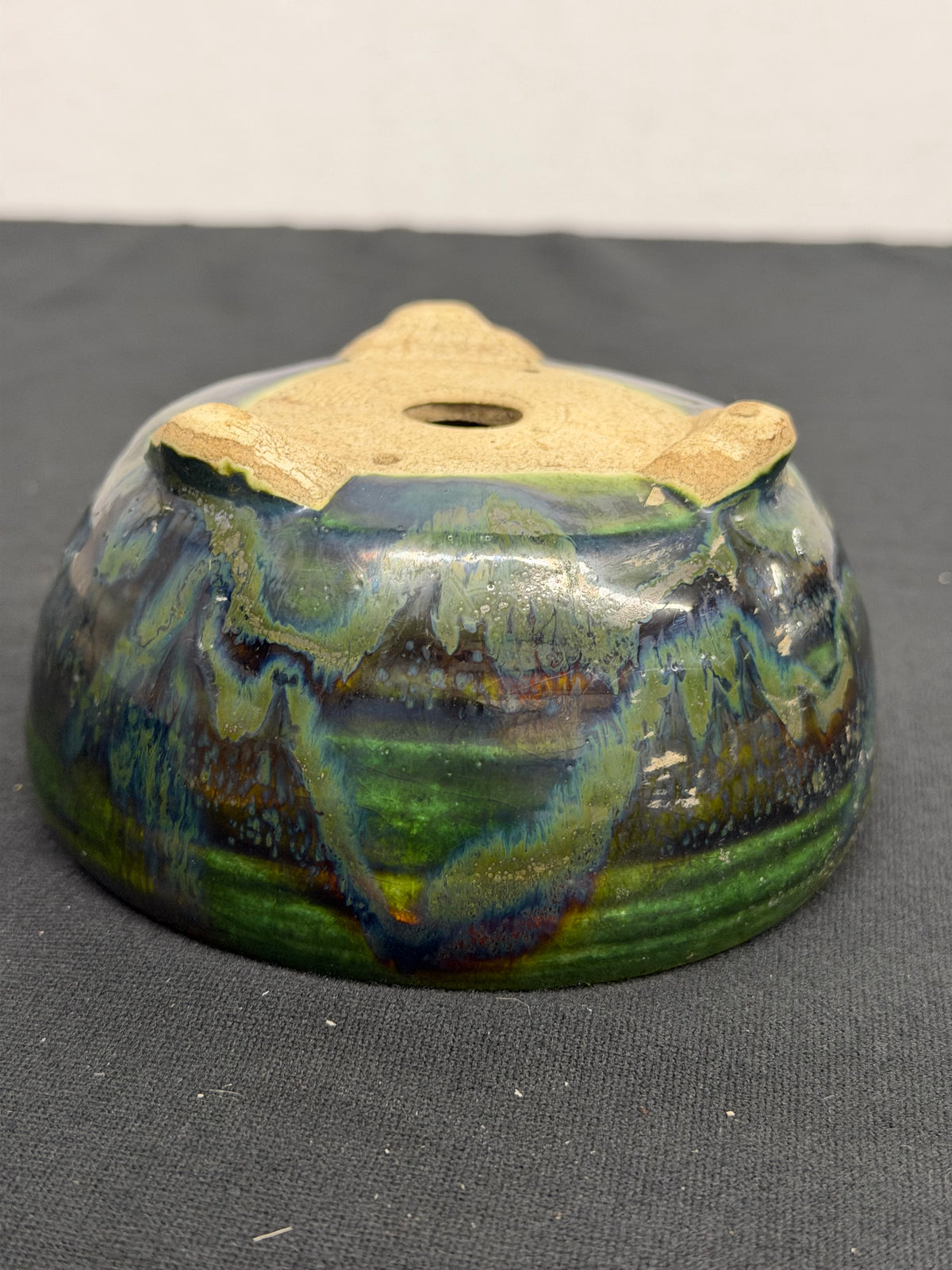 4.5x2.75 Inch Satomi Round Bonsai Pot – Green & Blue Drip Glaze, Cloud Feet
