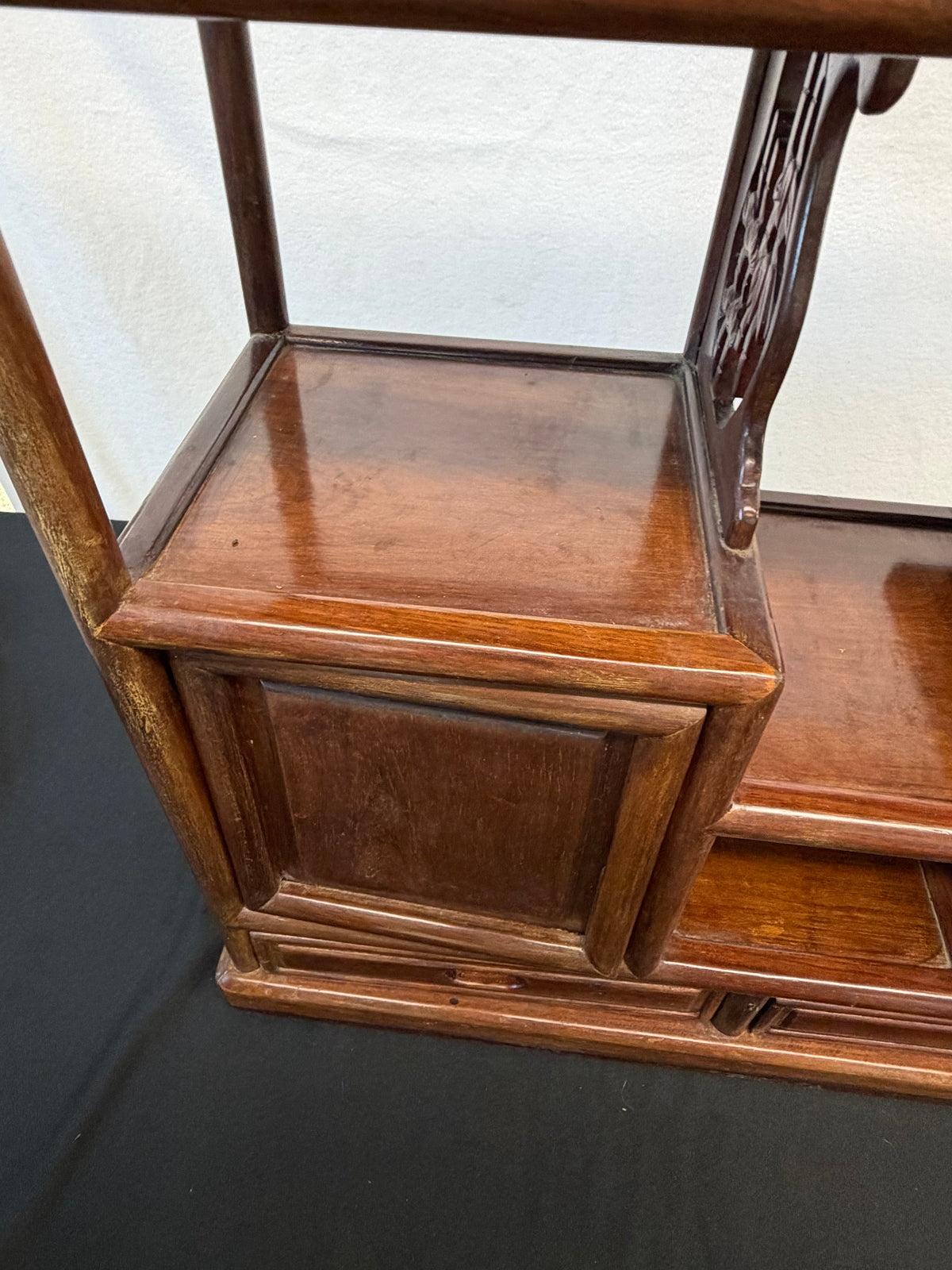 Japanese Rosewood Display Cabinet (Kazaridana), Doors, Drawers, Carved Bamboo Panel