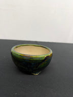 4.5x2.75 Inch Satomi Round Bonsai Pot – Green & Blue Drip Glaze, Cloud Feet