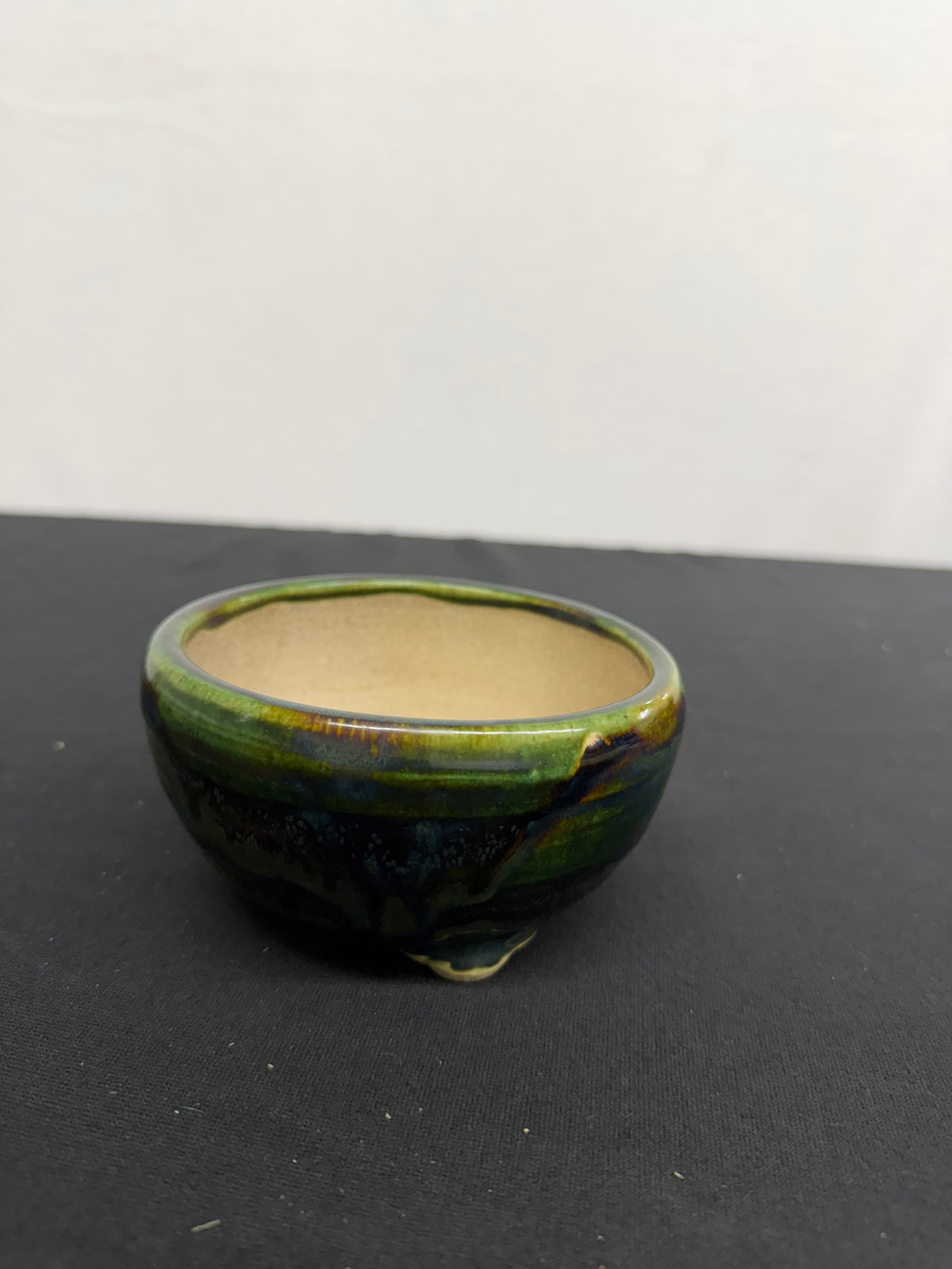 4.5x2.75 Inch Satomi Round Bonsai Pot – Green & Blue Drip Glaze, Cloud Feet