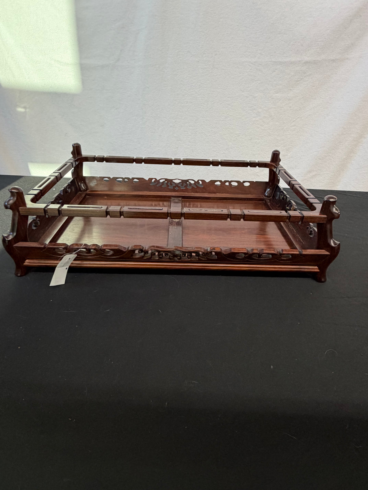 Shokaku Carved Rosewood Display Table, Scroll Corners, Gold Mark, Original Box