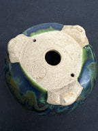 4.5x2.75 Inch Satomi Round Bonsai Pot – Green & Blue Drip Glaze, Cloud Feet