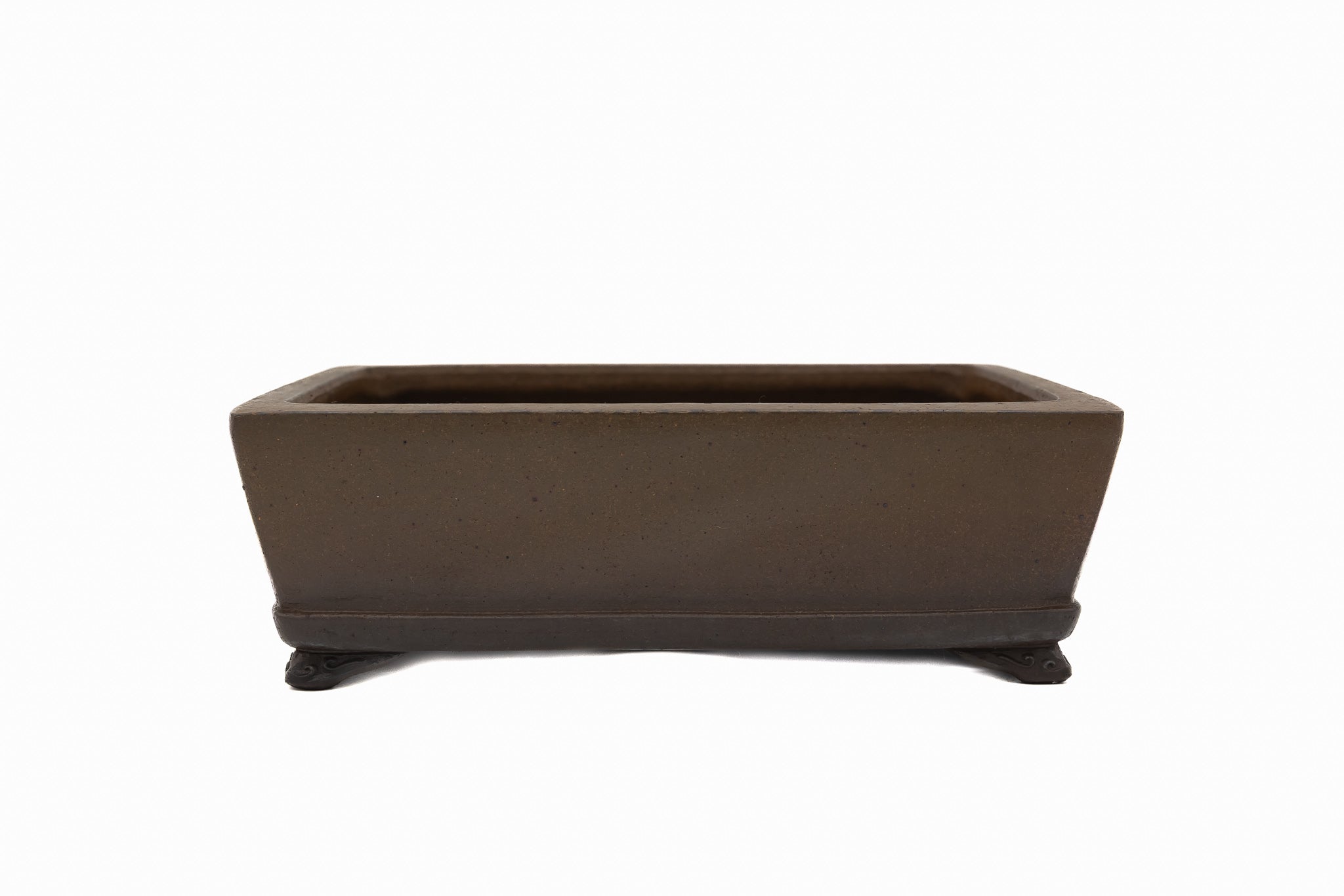 Large Rectangle Glazed Japanese Bonsai Pot by Gyouzan – Nail Signed, Cloud Feet, Inverted Flat Rim, Bottom Border