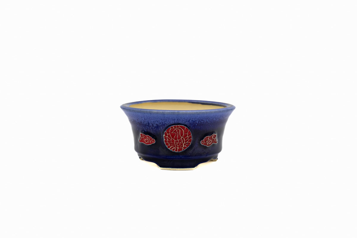 Small Round Ruri Blue Glazed Japanese Bonsai Pot – Biko Kiln, Medallion Chop, Competition Quality, Square Cut Feet