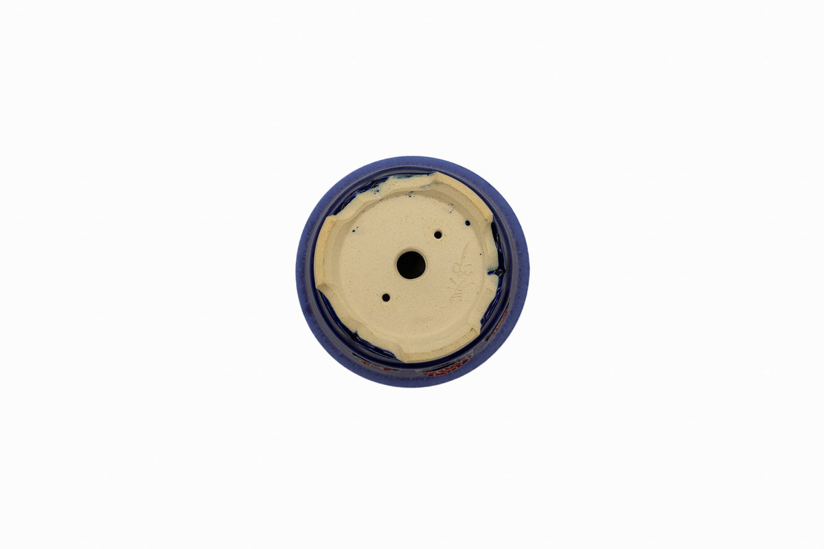 Small Round Ruri Blue Glazed Japanese Bonsai Pot – Biko Kiln, Medallion Chop, Competition Quality, Square Cut Feet