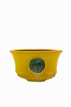 Small Round Yellow Glazed Biko Kiln Japanese Bonsai Pot – Vintage Medallion Chop
