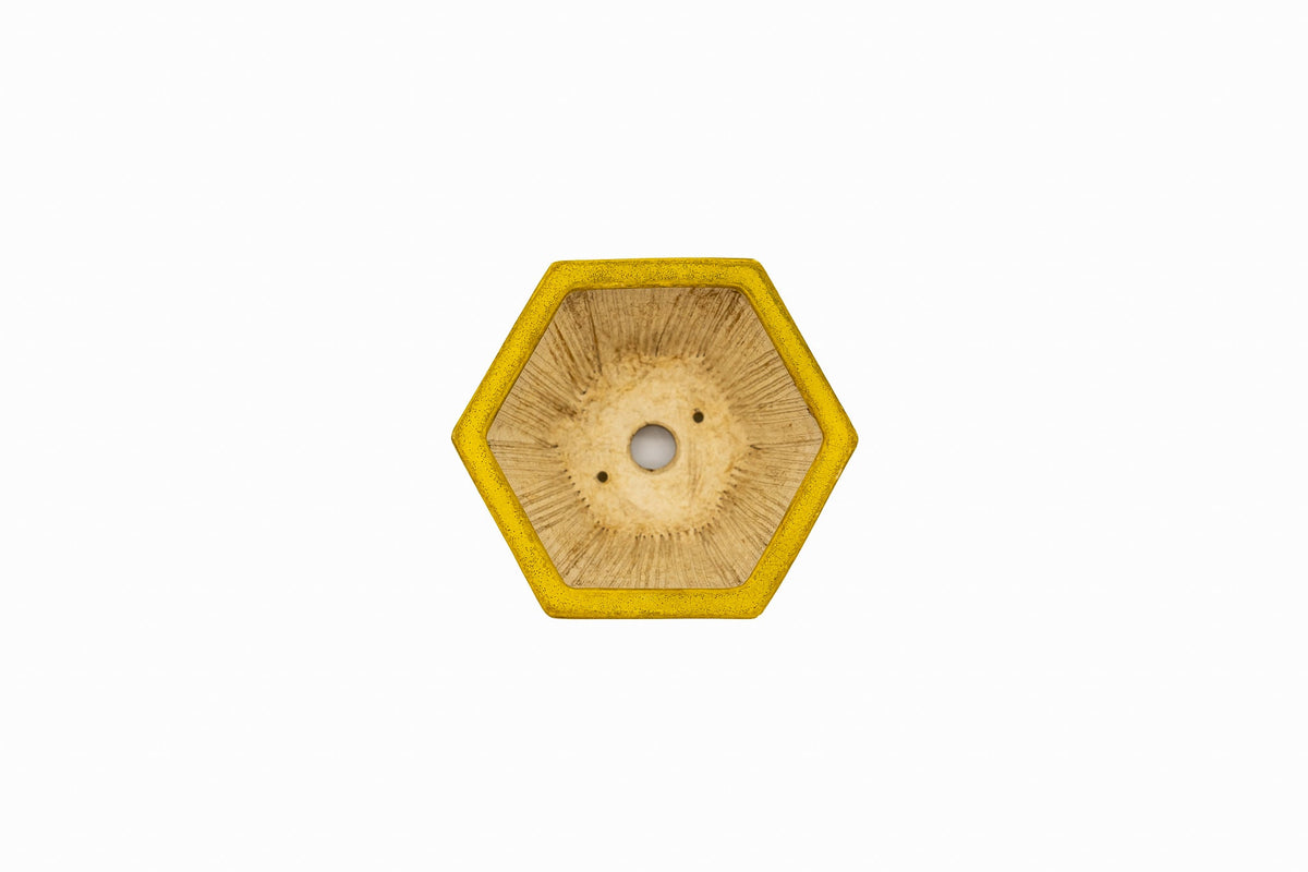 Small Hexagon Yellow Glazed Biko Kiln Japanese Bonsai Pot – Vintage Medallion, Chop and Nail Signed