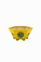 Small Hexagon Yellow Glazed Biko Kiln Japanese Bonsai Pot – Vintage Medallion, Chop and Nail Signed