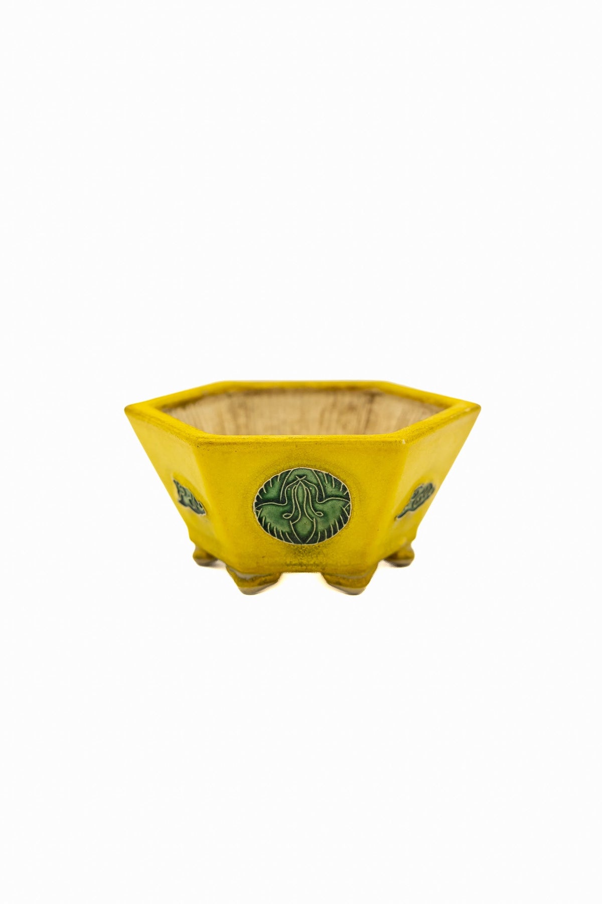 Small Hexagon Yellow Glazed Biko Kiln Japanese Bonsai Pot – Vintage Medallion, Chop and Nail Signed