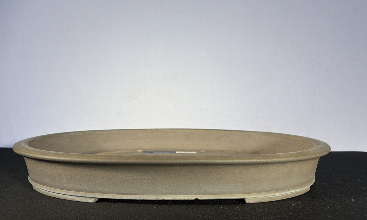 24x18x3.5 Inch Kiezan Oval Bonsai Pot – Matte Grey-Brown, Flared Rim, Stamped Chop