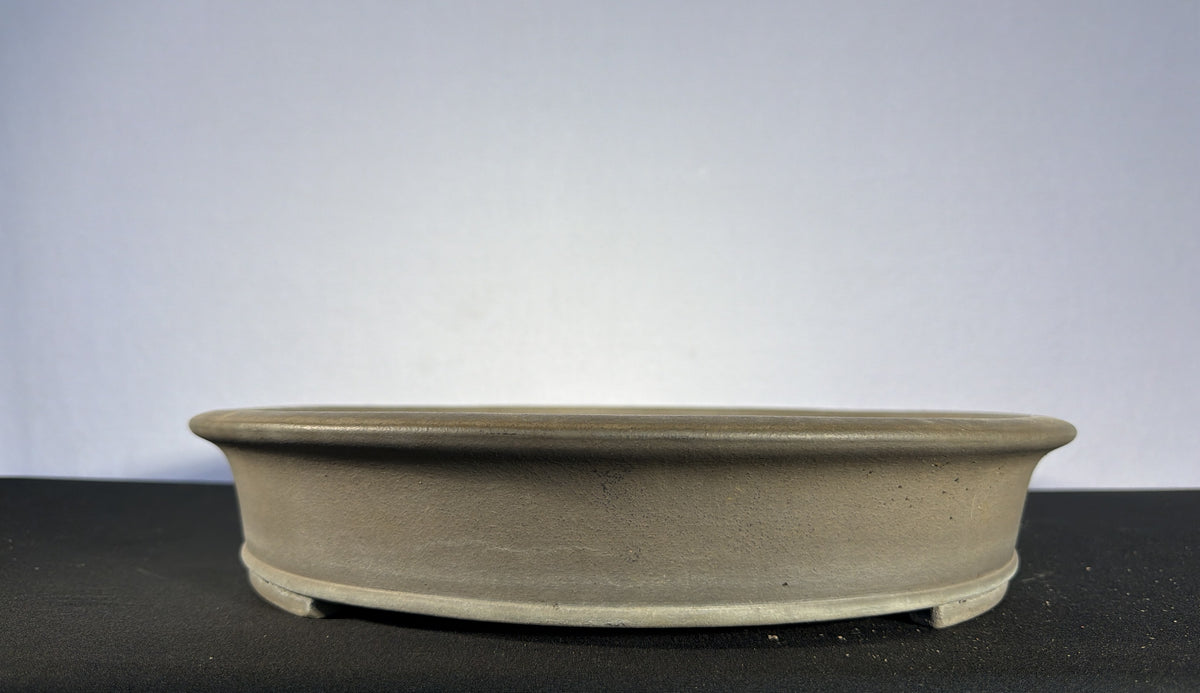 24x18x3.5 Inch Kiezan Oval Bonsai Pot – Matte Grey-Brown, Flared Rim, Stamped Chop