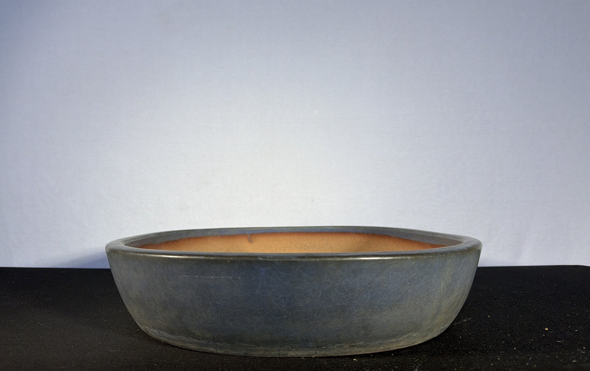 22x16.5x3.5 Inch Hatatori Oval Bonsai Pot – Blue-Grey Glaze, Warm Tan Interior