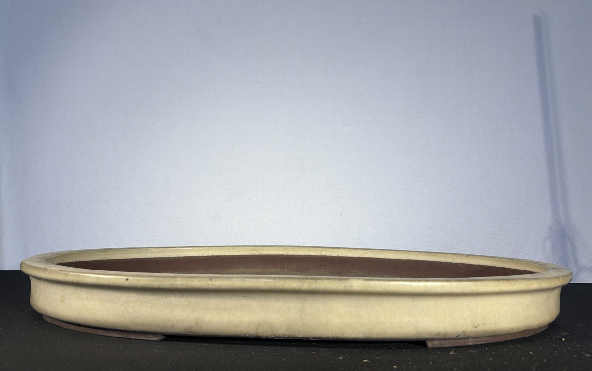 28x19x3 Inch Yamaaki Oval Bonsai Pot – Cream-Rimmed Brown Clay, Shallow