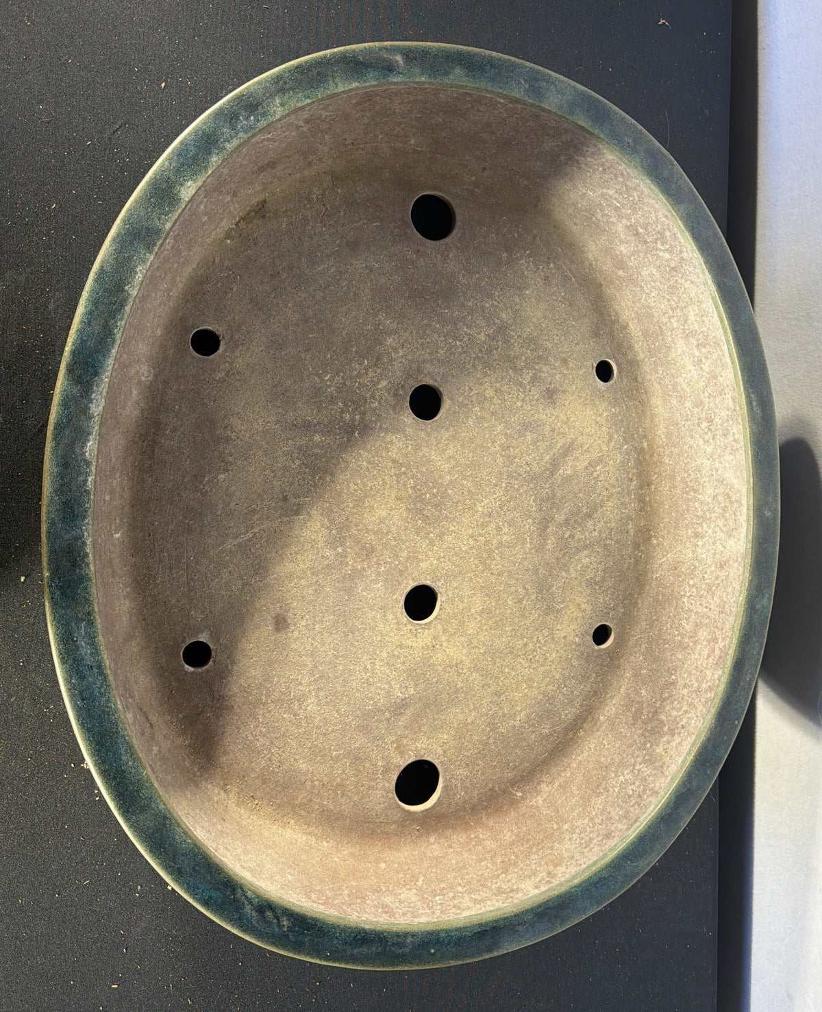 23x19x5 Inch Yamaaki Oval Bonsai Pot – Deep Green Glaze, Stamped Chops