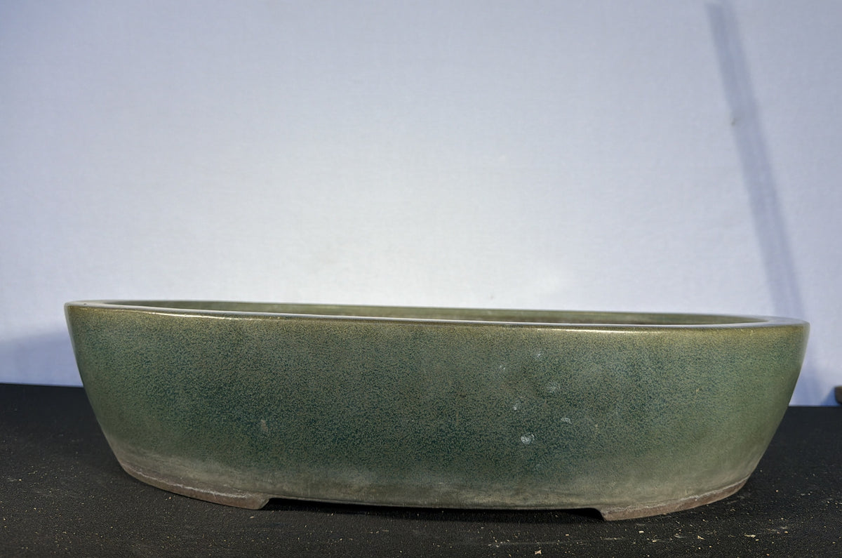 23x19x5 Inch Yamaaki Oval Bonsai Pot – Deep Green Glaze, Stamped Chops
