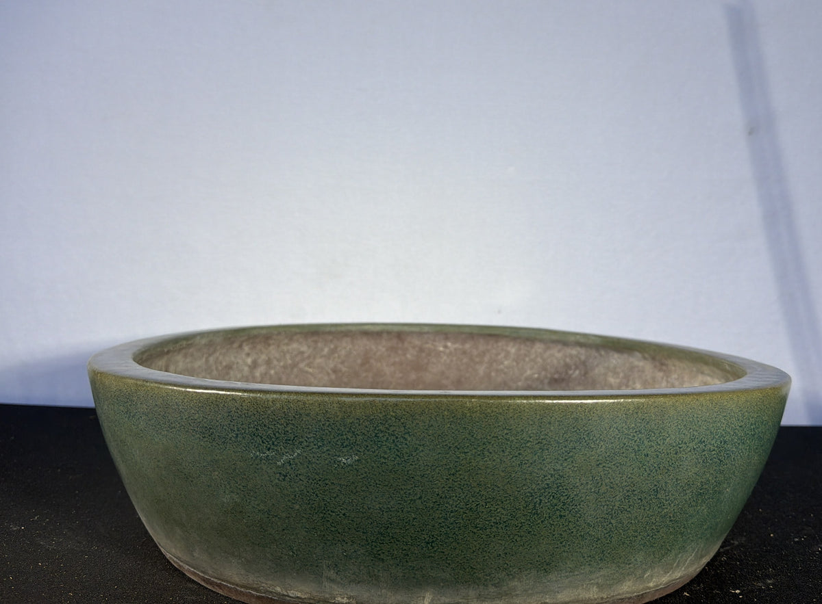 23x19x5 Inch Yamaaki Oval Bonsai Pot – Deep Green Glaze, Stamped Chops