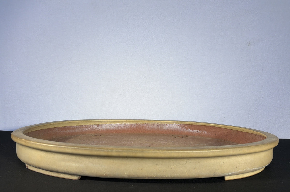 25x18x3 Inch Reiho Oval Bonsai Pot – Cream Glaze over Red Clay, Stamped Chop