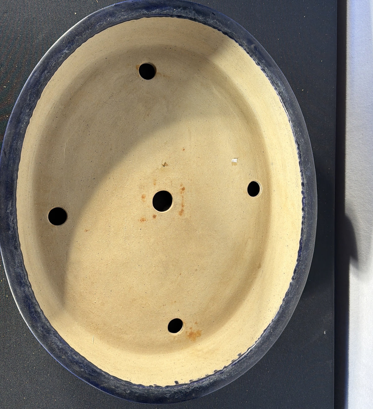 19.5x16x3.5 Inch Koyo Oval Bonsai Pot – Navy Blue Glaze, Signed and Sealed Base