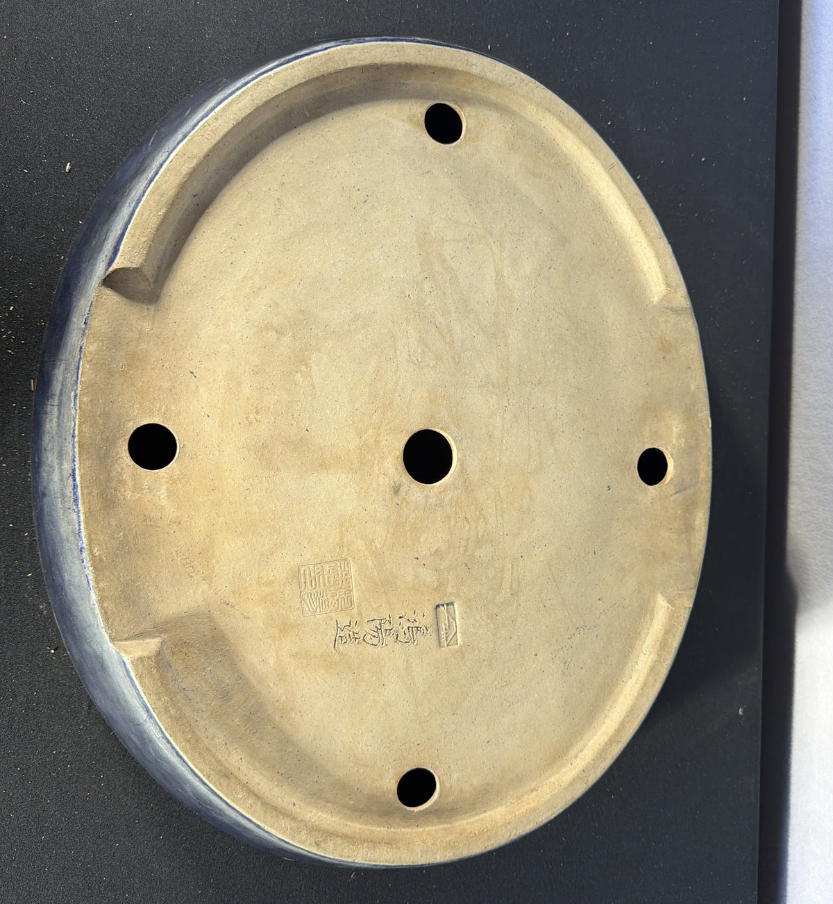 19.5x16x3.5 Inch Koyo Oval Bonsai Pot – Navy Blue Glaze, Signed and Sealed Base