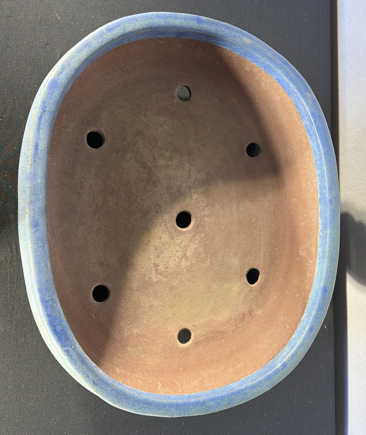 19.5x16.5x5 Inch Shuhou Oval Bonsai Pot – Blue-Green Variegated Glaze, Incised Signature
