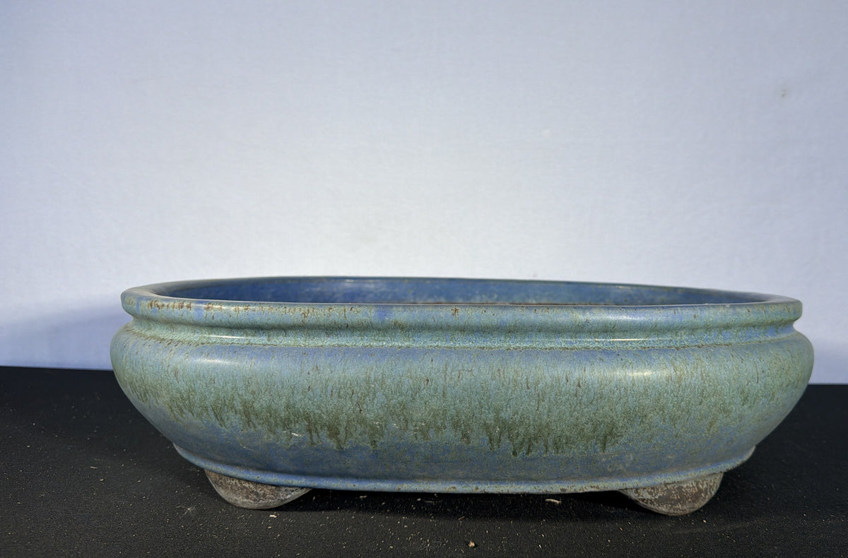 19.5x16.5x5 Inch Shuhou Oval Bonsai Pot – Blue-Green Variegated Glaze, Incised Signature