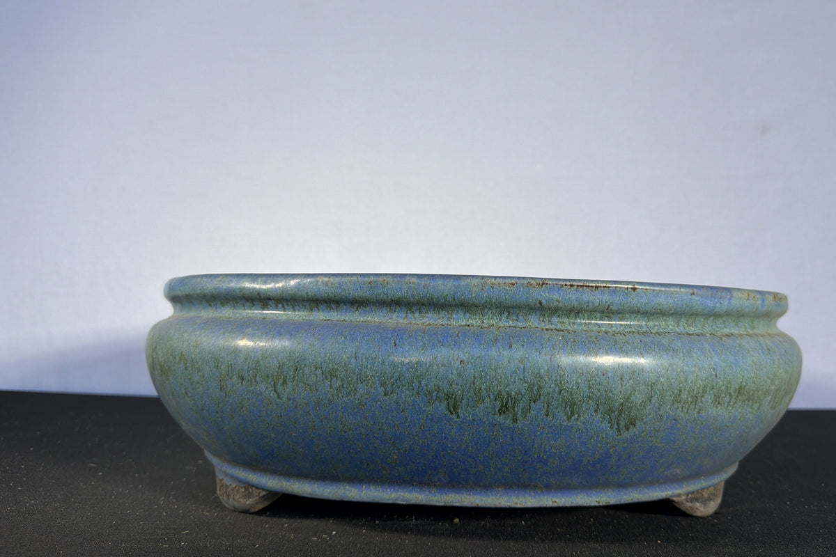 19.5x16.5x5 Inch Shuhou Oval Bonsai Pot – Blue-Green Variegated Glaze, Incised Signature