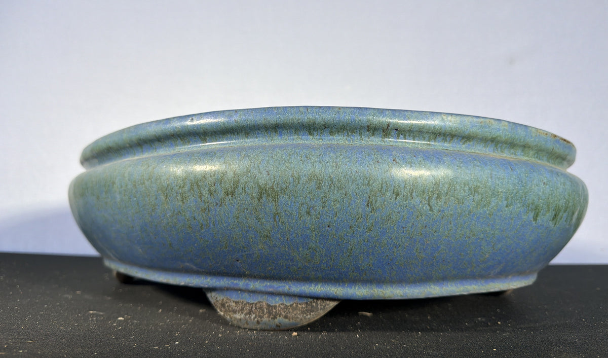 19.5x16.5x5 Inch Shuhou Oval Bonsai Pot – Blue-Green Variegated Glaze, Incised Signature