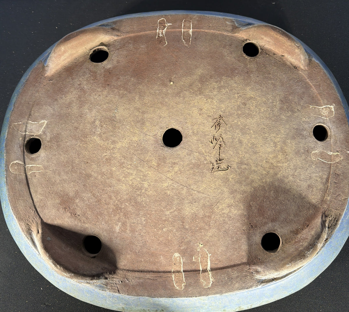 19.5x16.5x5 Inch Shuhou Oval Bonsai Pot – Blue-Green Variegated Glaze, Incised Signature