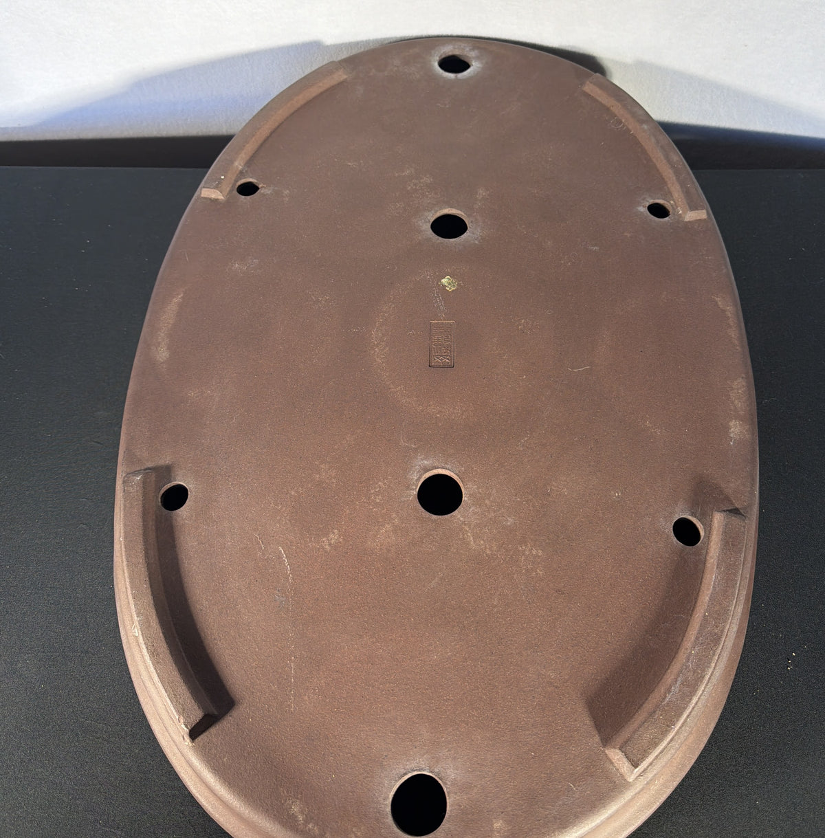 27x19x3 Inch Yamaaki Oval Bonsai Pot – Warm Brown Clay, Stamped Chop
